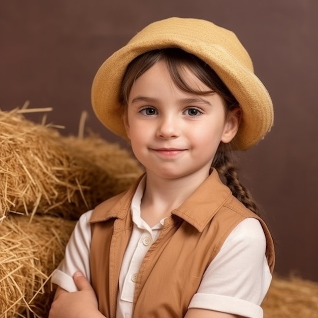 Une petite fille habillée en fermière avec un chapeau et un chapeau beige est assise devant des balles de foin