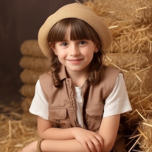 Une petite fille habillée en fermière avec un chapeau et un chapeau beige est assise devant des balles de foin