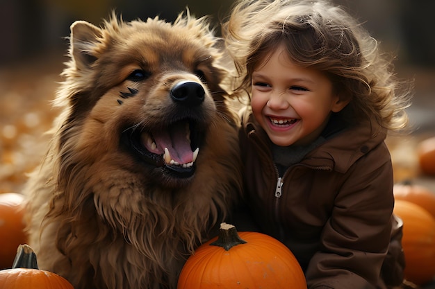 une petite fille heureuse avec un animal de compagnie célébrant Halloween avec des citrouilles