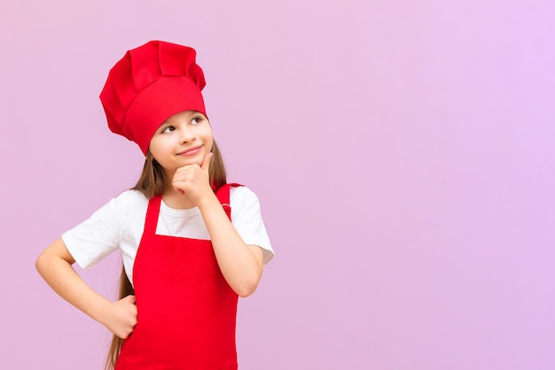 Une petite fille heureuse en costume de chef est très heureuse et souriante la fille aime beaucoup aider les professeurs en cuisine