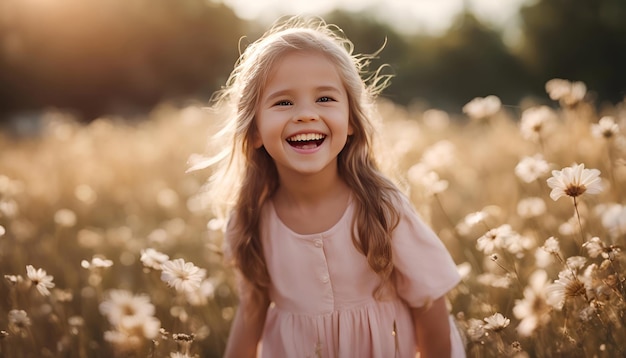 Une petite fille heureuse dans un champ de marguerites au coucher du soleil