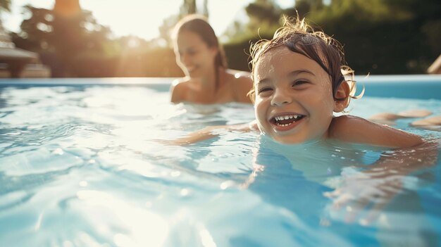 Une petite fille heureuse dans la piscine avec sa mère par une journée ensoleillée