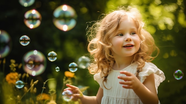 Une petite fille heureuse jouant avec des bulles de savon.