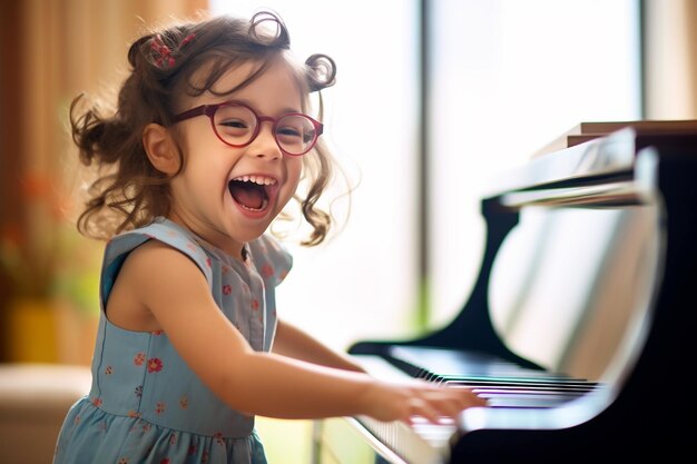 Une petite fille heureuse jouant du piano dans sa chambre.