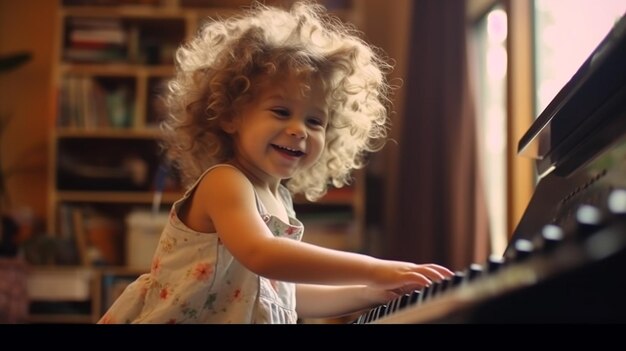 Une petite fille heureuse jouant du piano dans le salon.