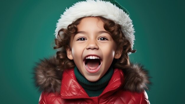 une petite fille heureuse avec un manteau d'hiver sur un fond vert