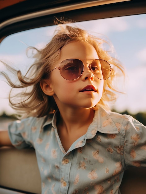 Une petite fille heureuse part en voyage d'été en voiture