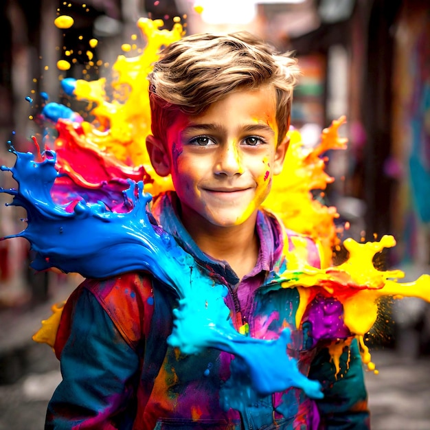 Une petite fille heureuse avec de la peinture colorée sur son visage.