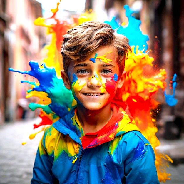 Une petite fille heureuse avec de la peinture colorée sur son visage.