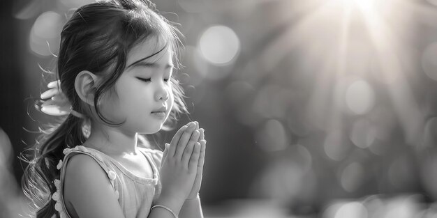 Petite fille heureuse priant le matin Petite fille asiatique priant à la mainMains pliées dans la prièreConcept de foi, de culte, de spiritualité et de religionTone noir et blanc