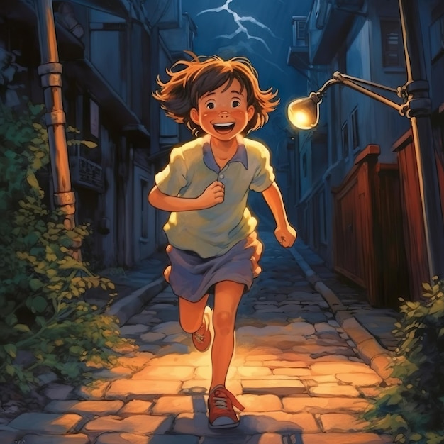 Une petite fille heureuse qui court sous le lampadaire du studio Ghibli réalisé avec la technologie générative Ai