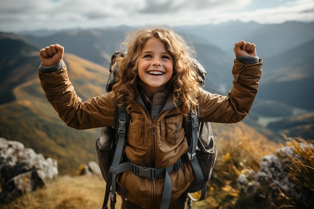 Une petite fille heureuse avec un sac à dos faisant de la randonnée dans les montagnes.