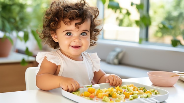 Petite fille heureuse sourire L'enfant est assis dans la cuisine en train de prendre un repas Concept de nourriture saine pour enfants Illustration générative Ai