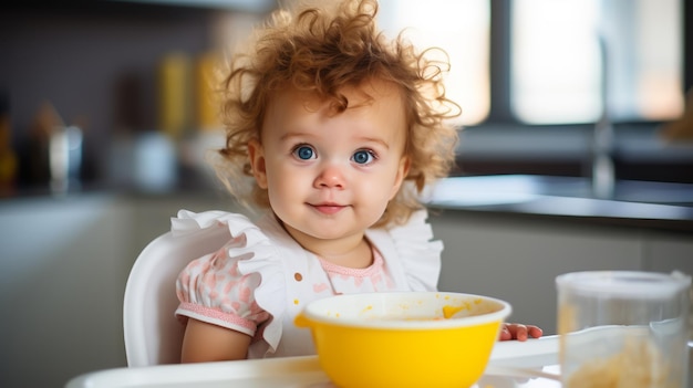 Petite fille heureuse sourire L'enfant est assis dans la cuisine en train de prendre un repas Concept de nourriture saine pour enfants Illustration générative Ai