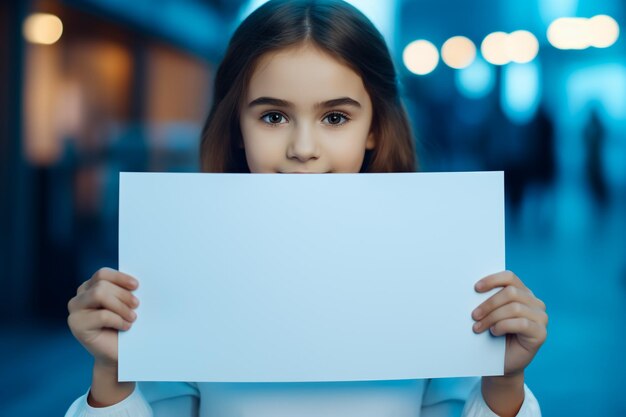 Une petite fille heureuse tenant dans les mains une bannière blanche.