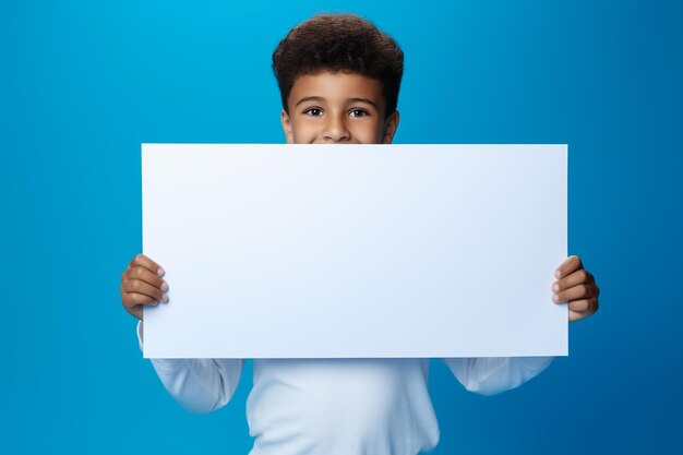 Une petite fille heureuse tenant dans les mains une bannière blanche.