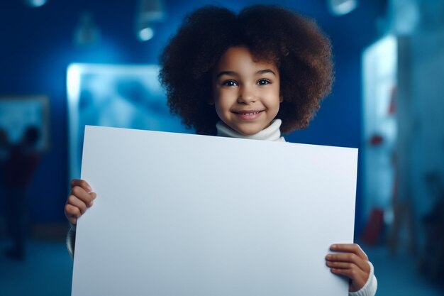 Une petite fille heureuse tenant dans les mains une bannière blanche.