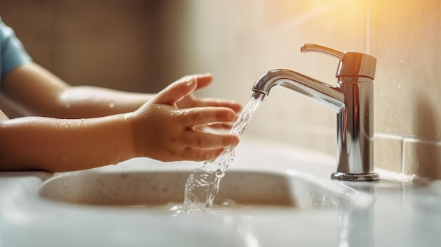 Une petite fille à IA générative se lave les mains dans la salle de bain