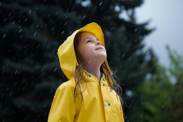 une petite fille en imperméable jaune se réjouit en se tenant dans la pluie de printemps