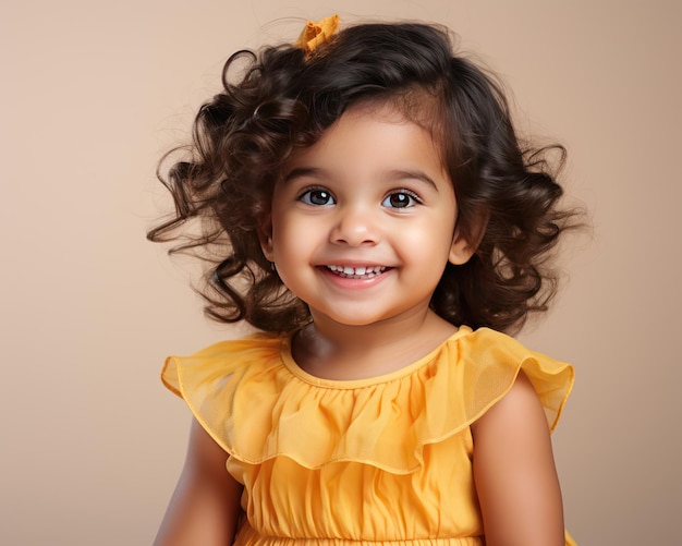 Petite fille indienne chic avec des yeux expressifs et un sourire charmant en robe moderne créant un portrait