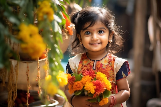 Une petite fille indienne sourit tout en tenant des fleurs générées par l'IA