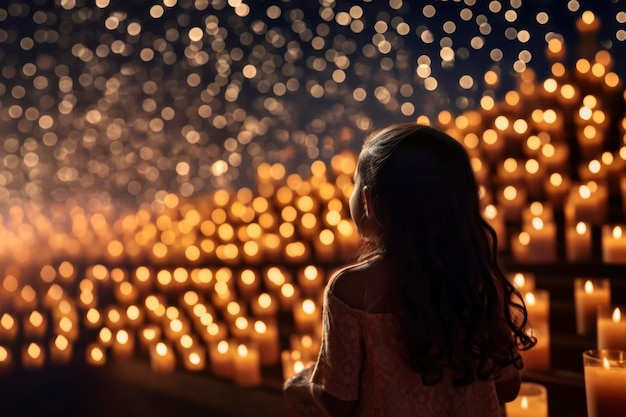 une petite fille indienne tient la lampe diyas et regarde les incroyables diyas au festival de Diwali