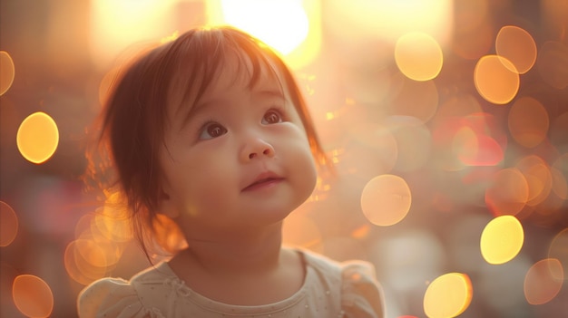 Une petite fille innocente qui regarde le soleil avec fascination, vêtue d'une robe rose.