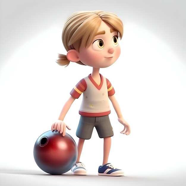 Petite fille jouant au bowling avec une balle illustration de rendu 3D