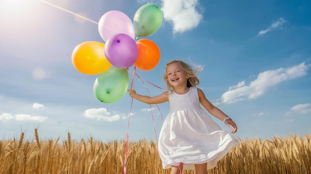 Une petite fille jouant avec des ballons sur un champ de blé.