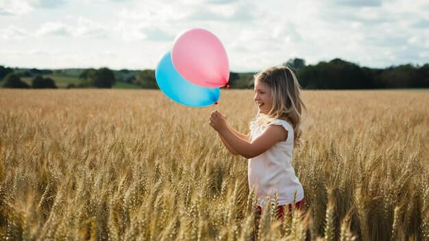 Une petite fille jouant avec des ballons sur un champ de blé.