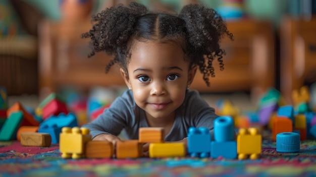 Une petite fille jouant avec des blocs de bois