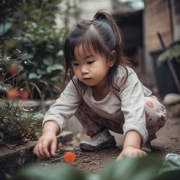 Une petite fille jouant dans la terre avec une fleur à la main.