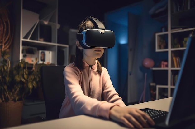 Petite fille jouant à des jeux de réalité virtuelle dans un bureau à domicile avec un casque VR Generative AI