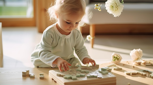 Petite fille jouant avec des jouets en puzzle en bois dans un environnement ensoleillé