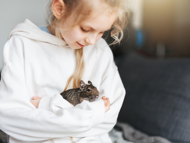 Petite fille jouant avec un petit écureuil animal degu