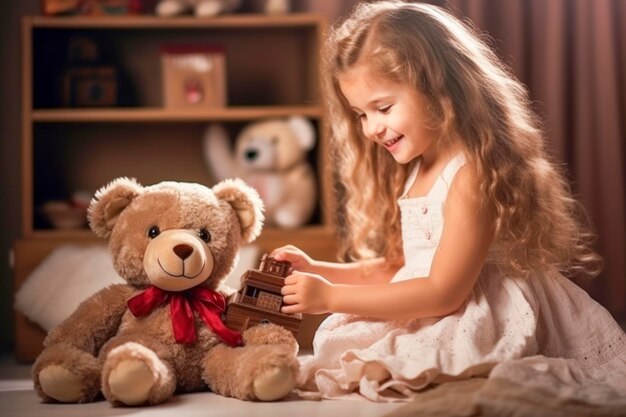 Photo une petite fille jouant à la photographie avec un ours en peluche une petite fille apprenant à prendre des photos avec un appareil photo