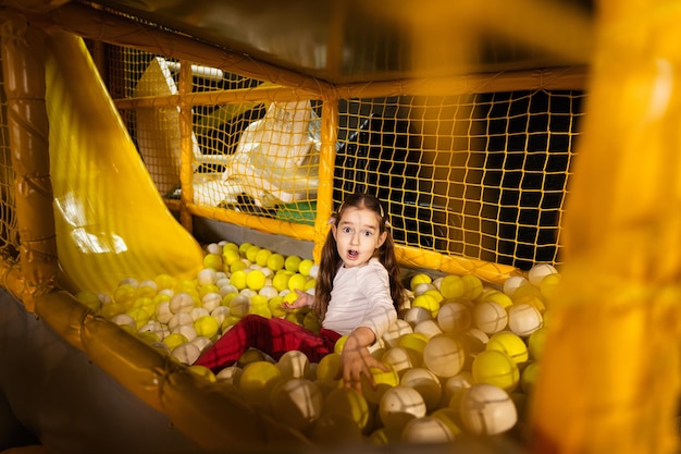 Une petite fille joue avec des balles colorées dans un parc de jeux jaune dans des divertissements actifs