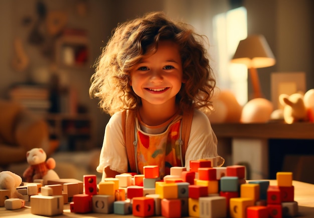 Une petite fille joue avec des blocs de Lego dans le salon.