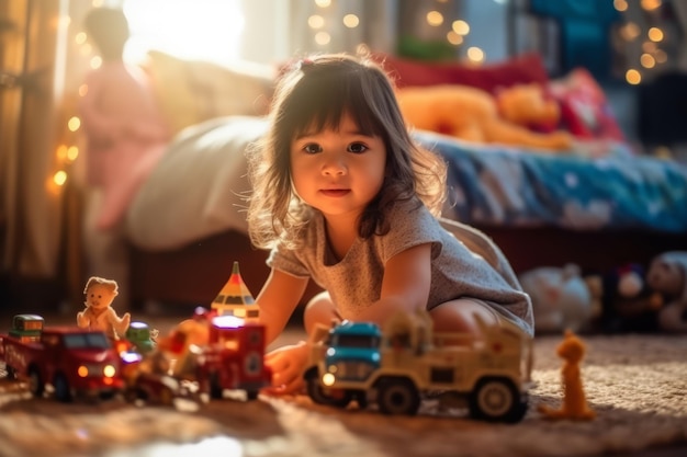 Une petite fille joue avec un camion jouet.