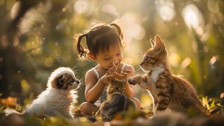 Photo une petite fille joue avec des chatons à la lumière du soleil