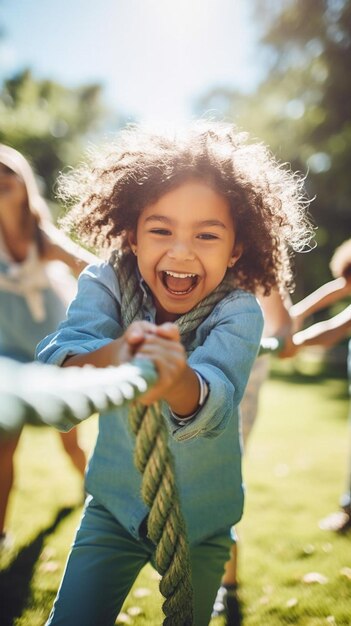 Photo une petite fille joue avec une corde et une fille rit