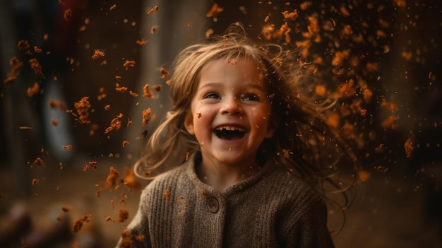 Une petite fille joue avec des feuilles en l'air.