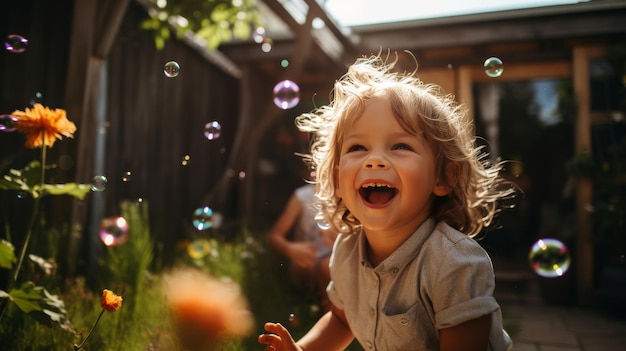 Une petite fille joue joyeusement avec des bulles son rire remplissant l'air