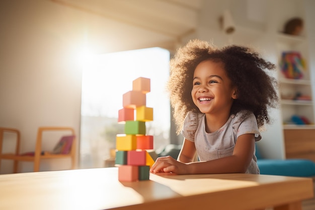 Une petite fille joue avec une pile de blocs