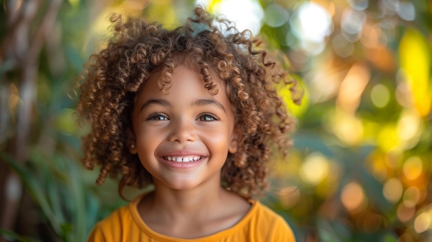 Une petite fille joyeuse aux cheveux bouclés souriante