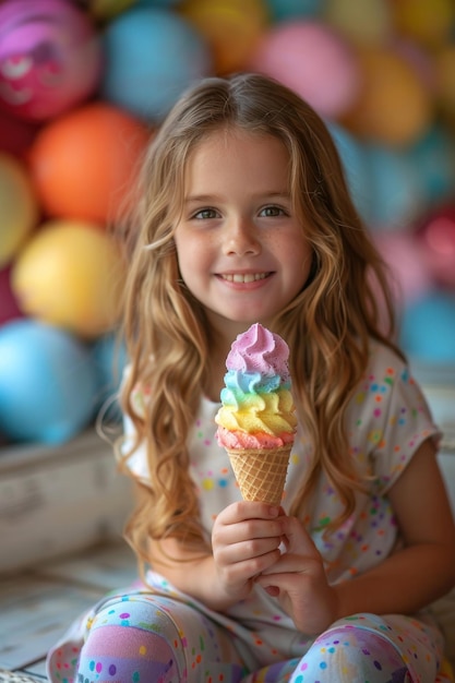 Une petite fille joyeuse dégustant un glace arc-en-ciel brillant par une journée d'été ensoleillée Copier l'espace