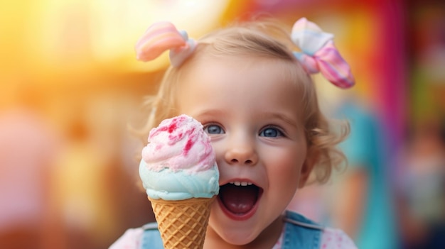 Une petite fille joyeuse dégustant un glace arc-en-ciel vibrant par une journée ensoleillée