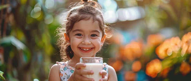 Une petite fille joyeuse avec un grand sourire tenant un verre de lait