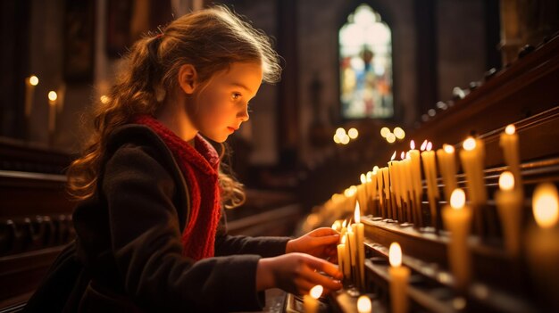 Une petite fille joyeuse à l'intérieur à la maison tenant une bougie de Noël