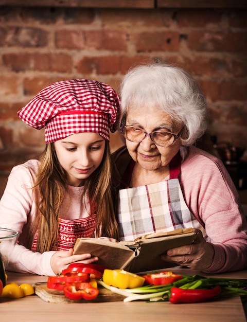 Petite-fille lisant un livre de recettes avec sa grand-mère assise dans la cuisine